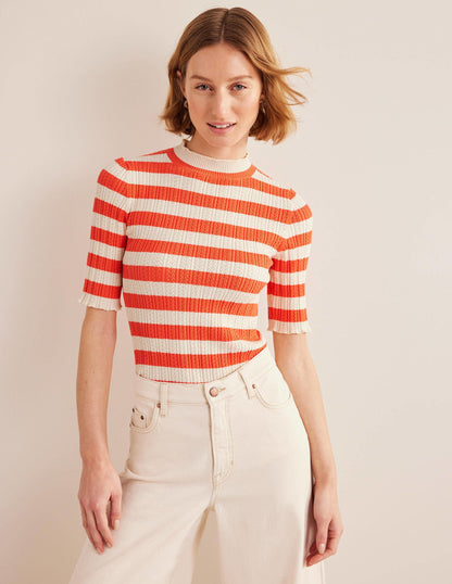 Ribbed Pointelle High Neck Top-Bright Watermelon Stripe-4