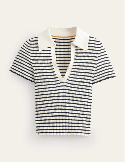 Ribbed Pointelle Collared Top-Ivory, Navy Stripe