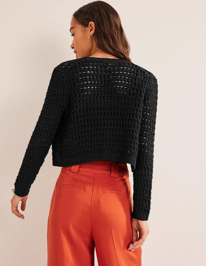 Cropped Crochet Cardigan-Black-3