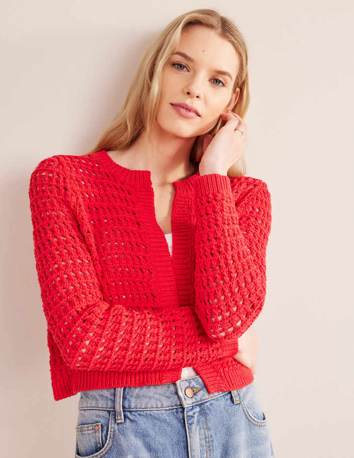 Cropped Crochet Cardigan-High Risk Red