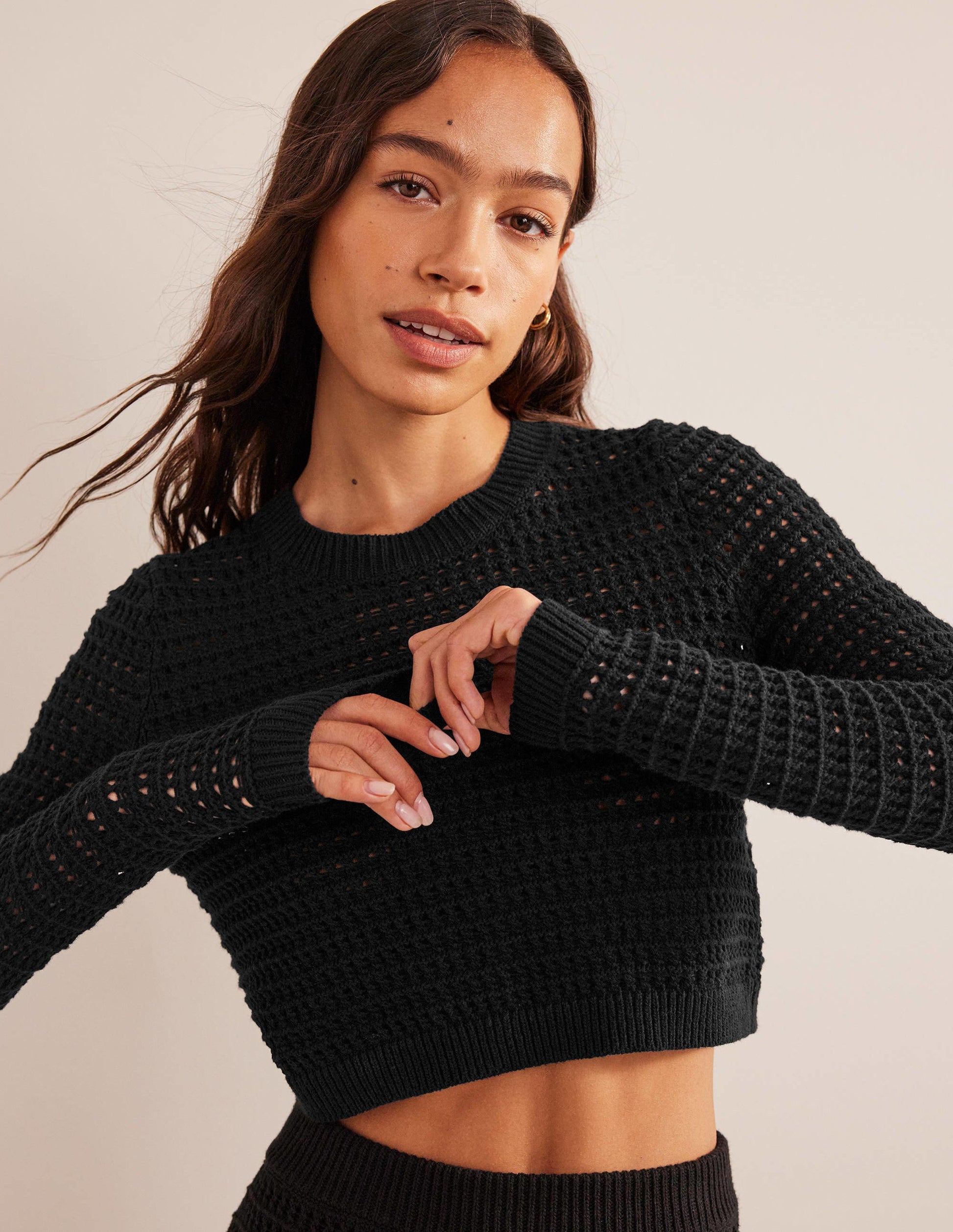 Cropped Crochet Jumper-Black-1
