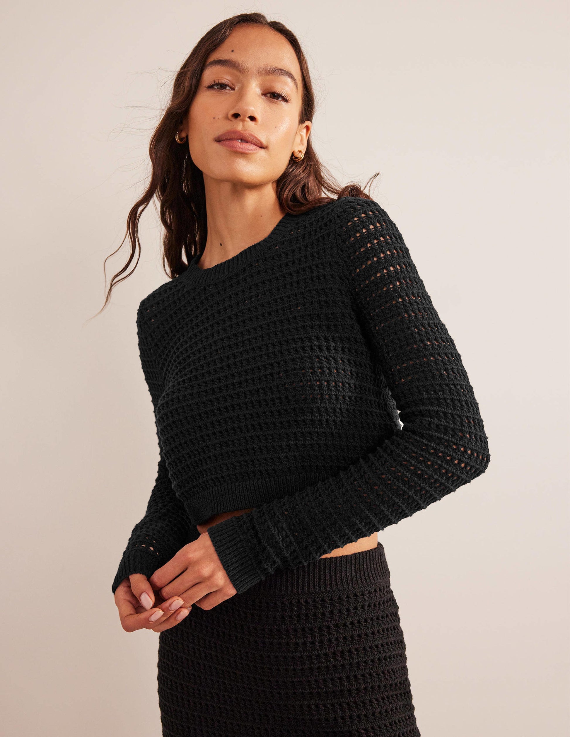 Cropped Crochet Jumper-Black-4
