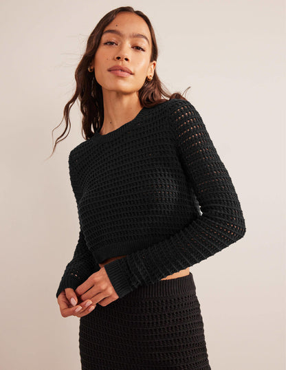 Cropped Crochet Jumper-Black-4