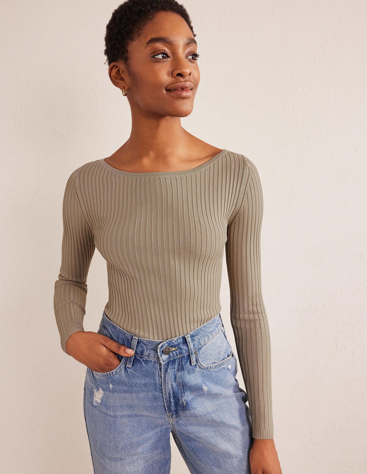 Ribbed Slash Neck Jumper-Stone