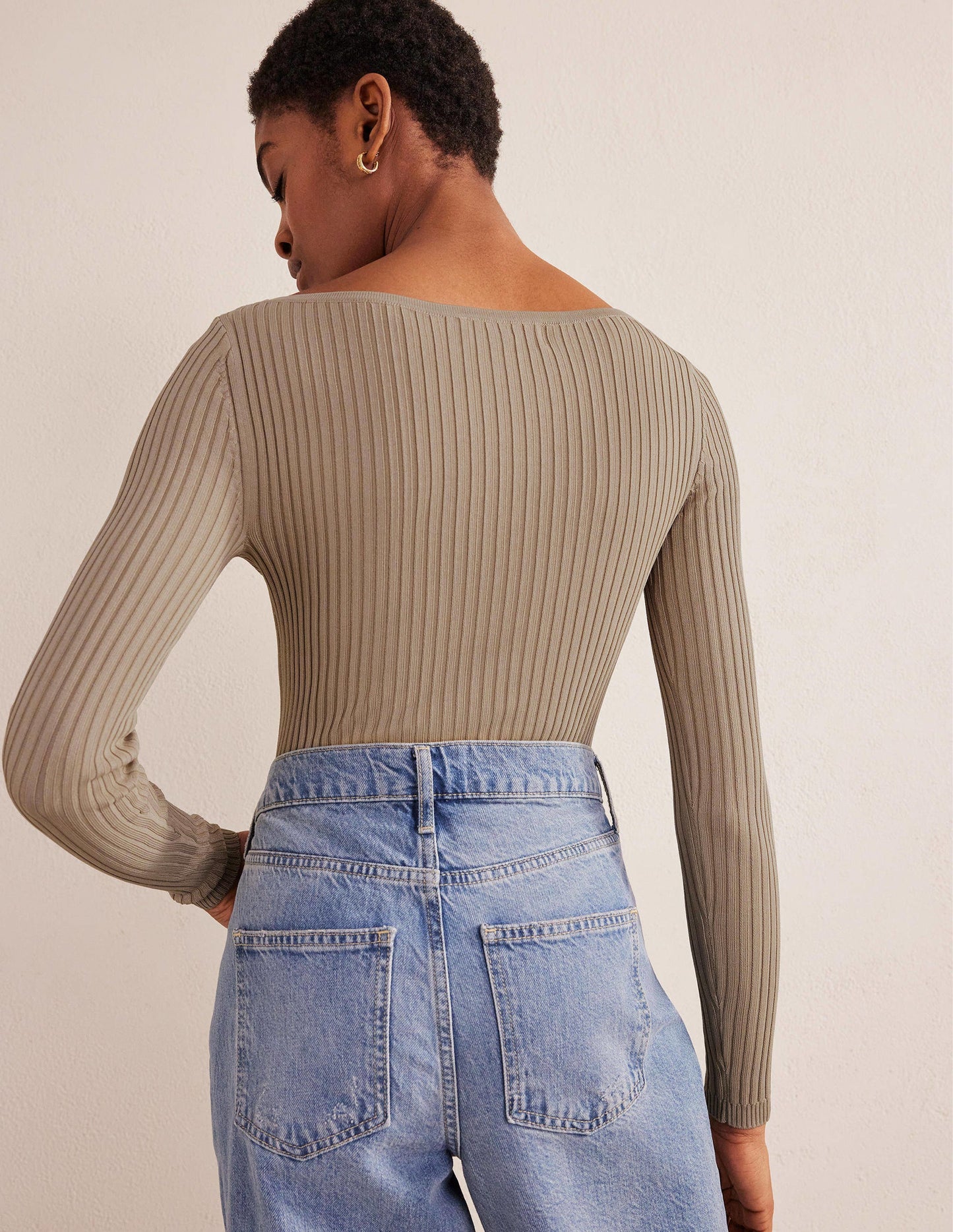 Ribbed Slash Neck Jumper-Stone