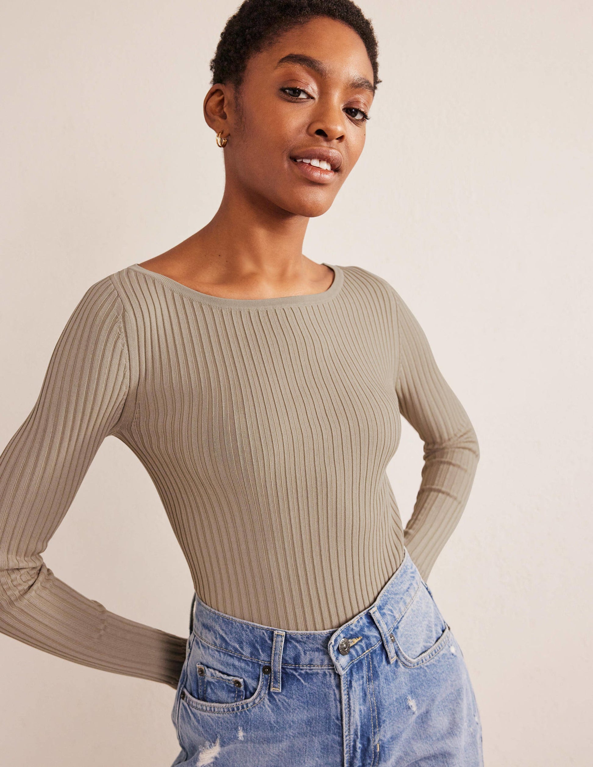 Ribbed Slash Neck Jumper-Stone-4