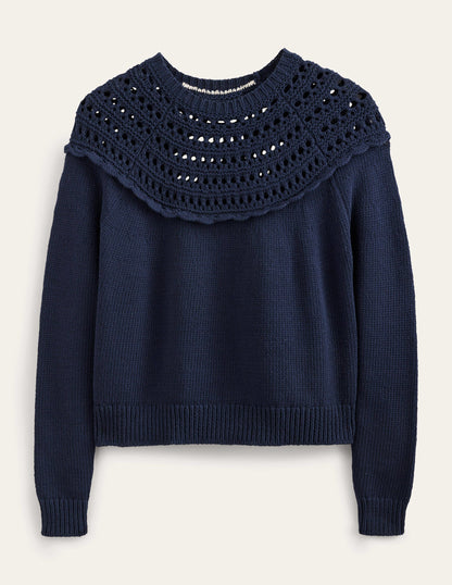 Crochet Yoke Jumper-Navy-5