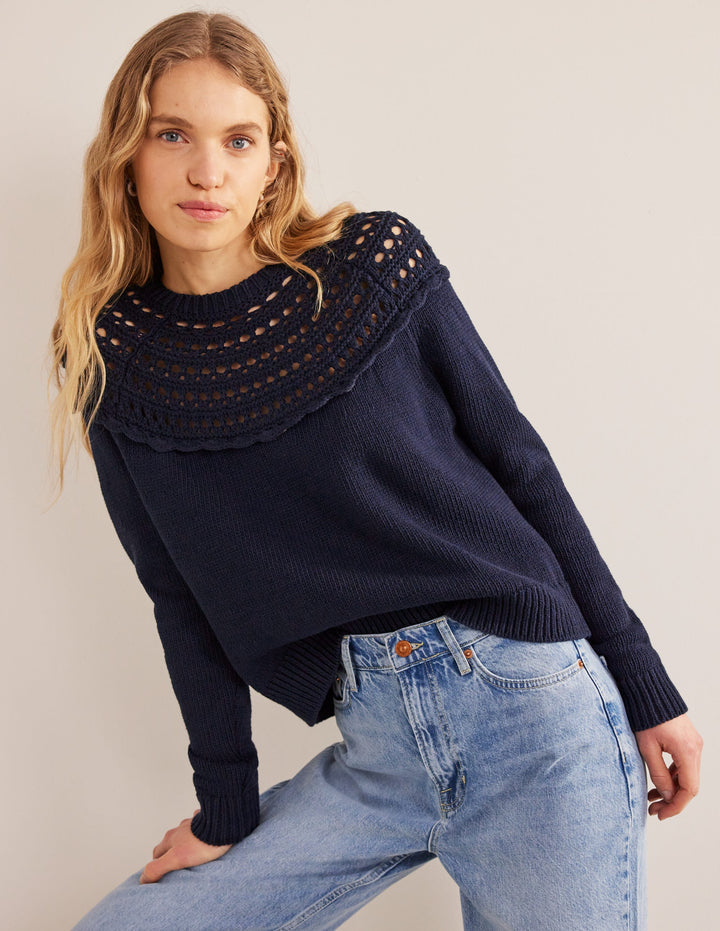 Crochet Yoke Jumper-Navy