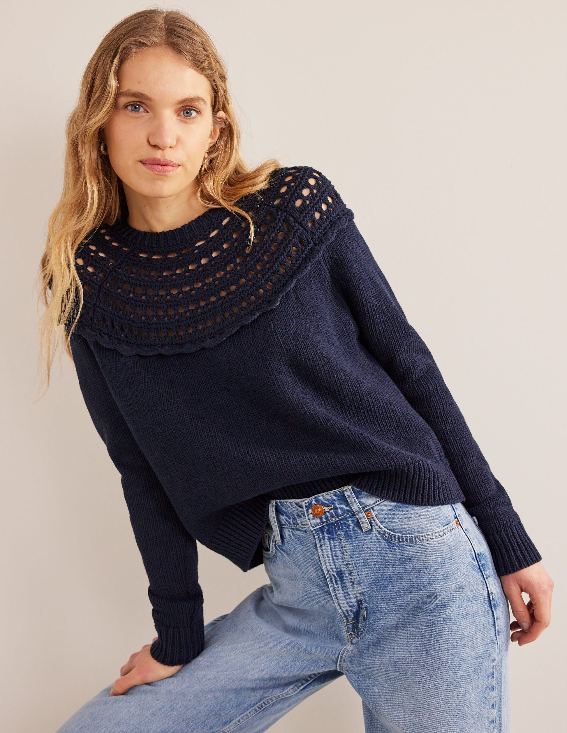 Crochet Yoke Jumper-Navy-1