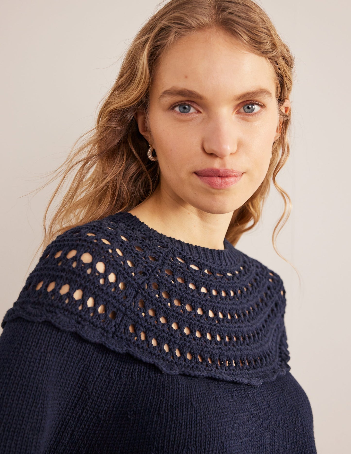 Crochet Yoke Jumper-Navy