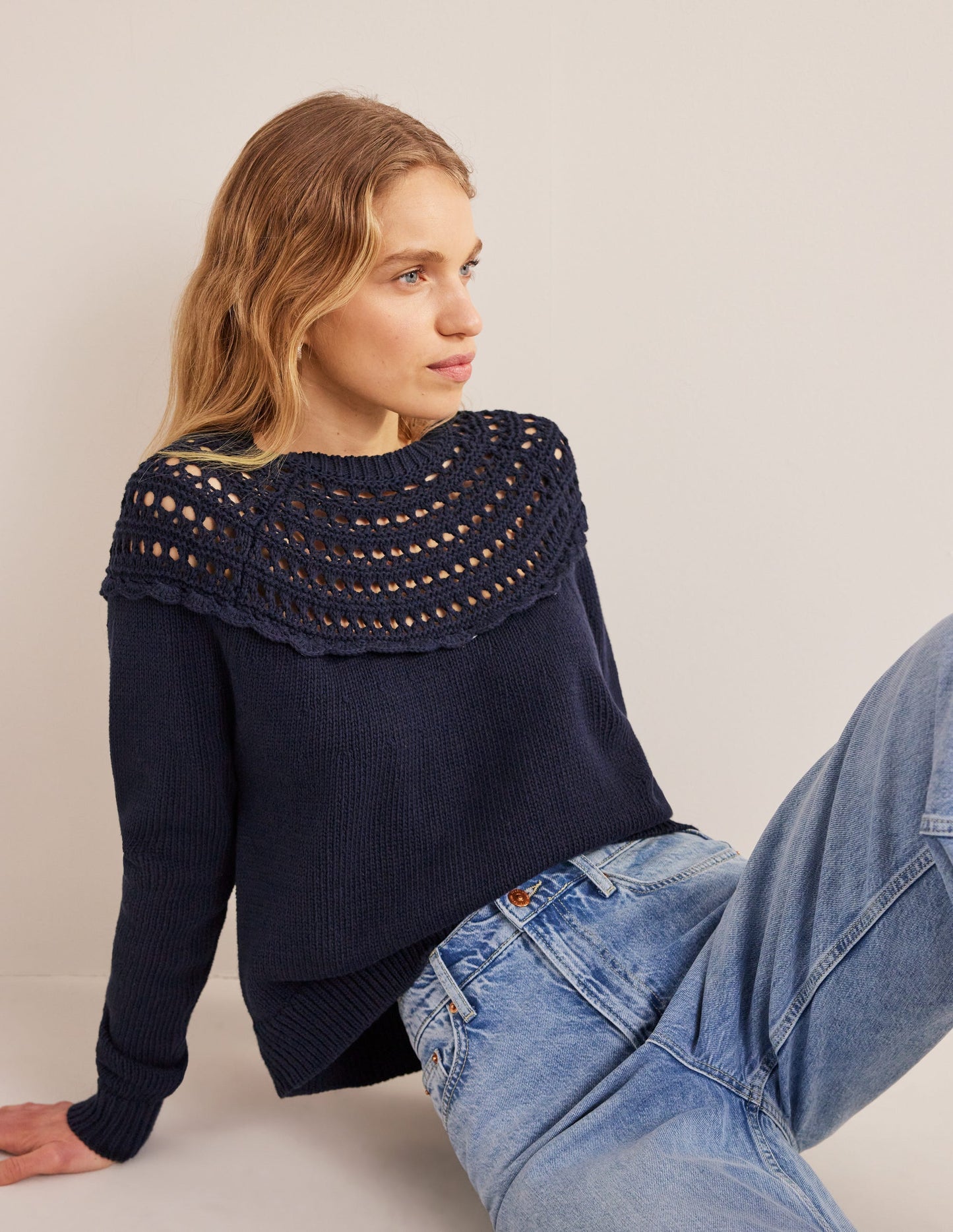 Crochet Yoke Jumper-Navy