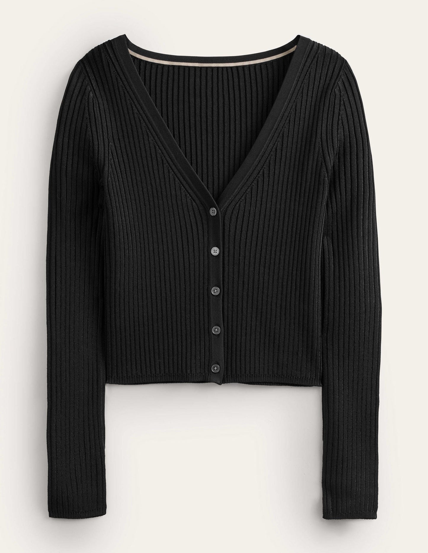 Cropped Wide Neck Rib Cardigan-Black