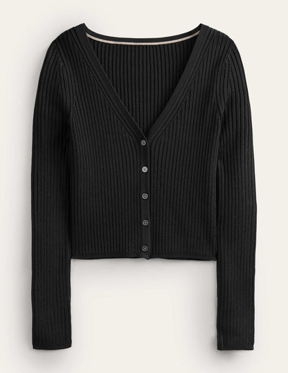 Cropped Wide Neck Rib Cardigan-Black-5
