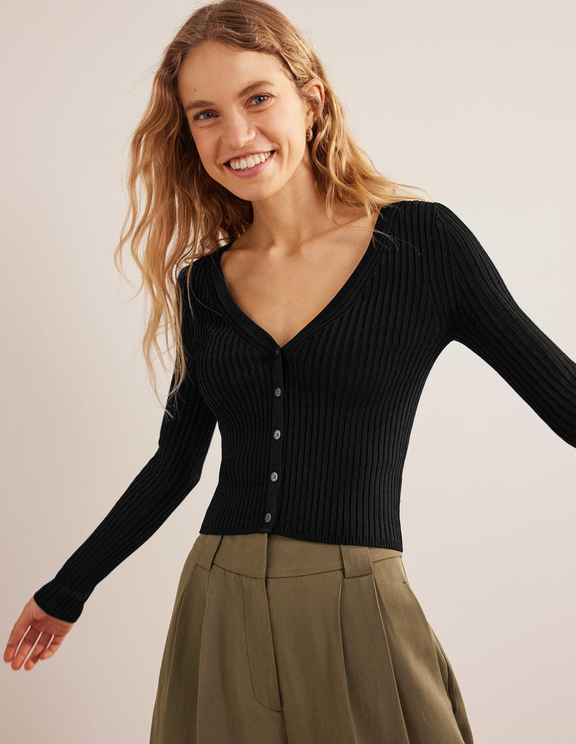 Cropped Wide Neck Rib Cardigan-Black-1