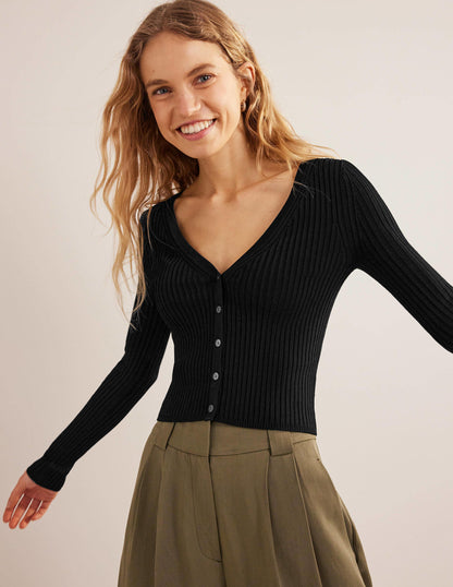 Cropped Wide Neck Rib Cardigan-Black-1