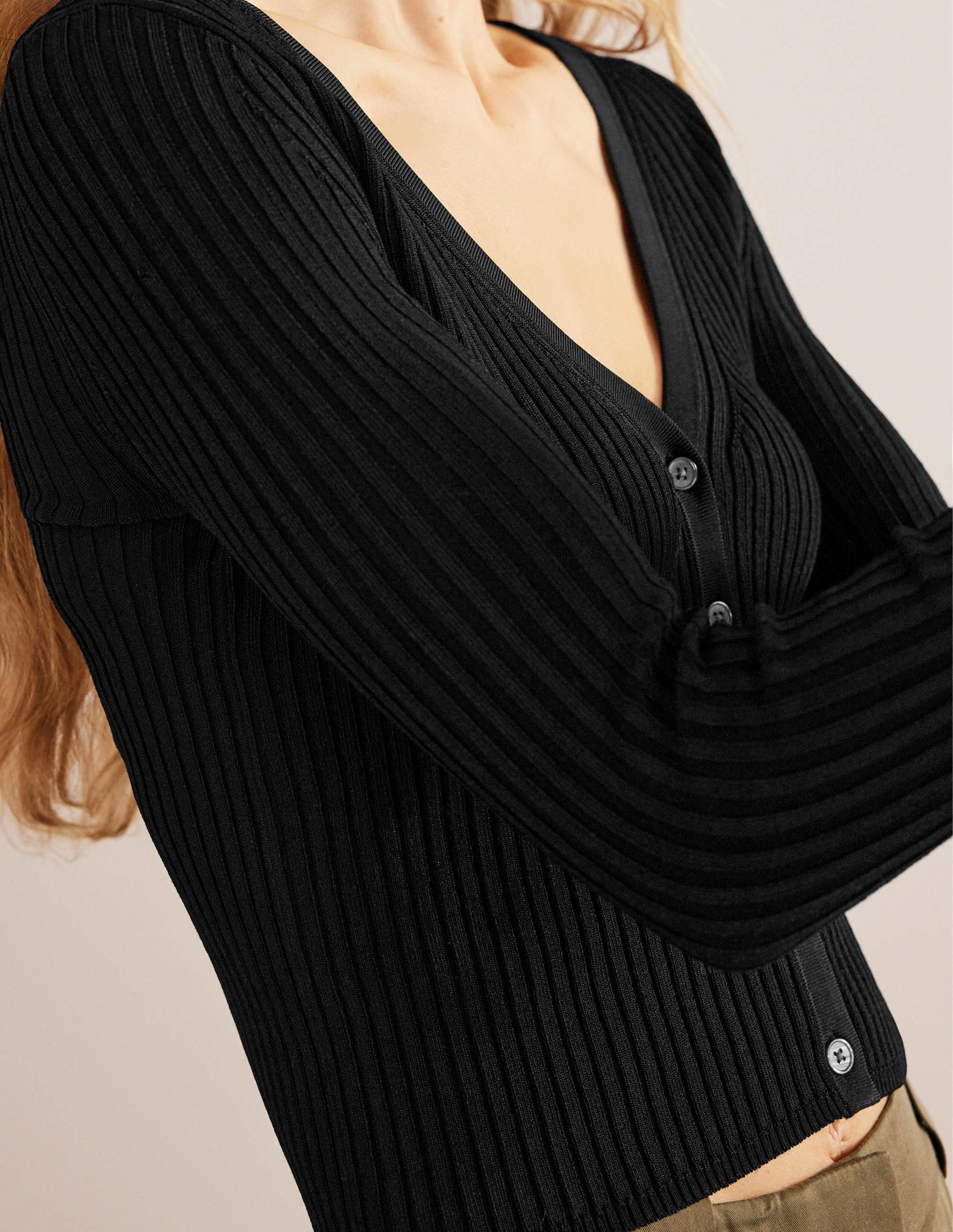 Cropped Wide Neck Rib Cardigan-Black-2