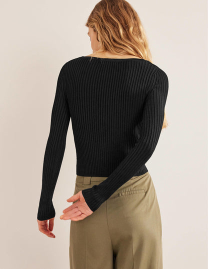 Cropped Wide Neck Rib Cardigan-Black-3