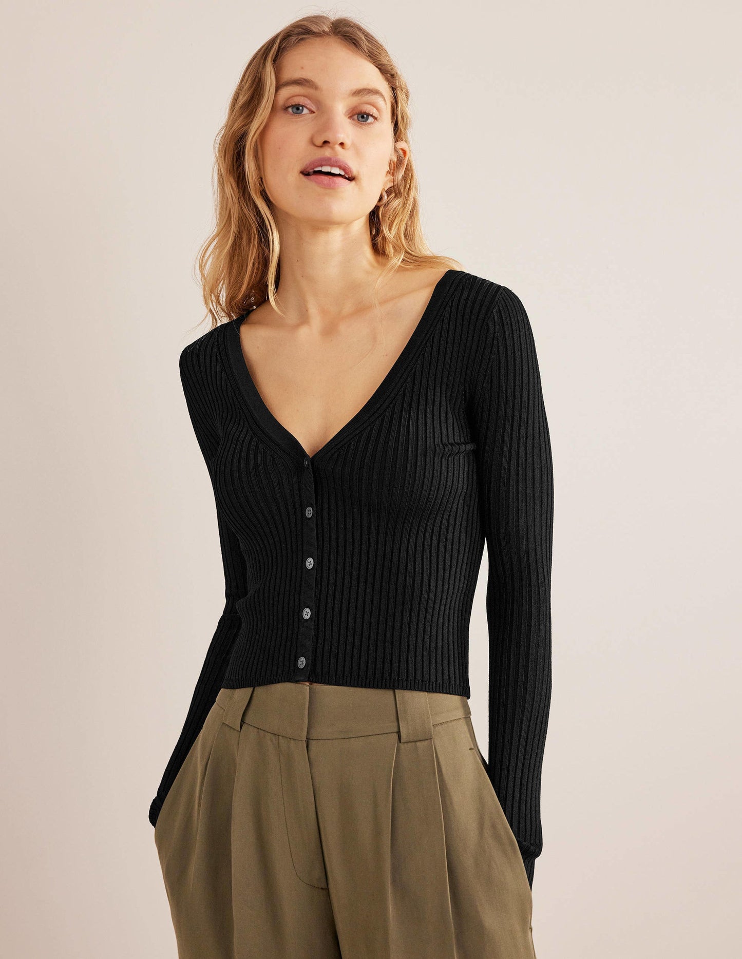 Cropped Wide Neck Rib Cardigan-Black
