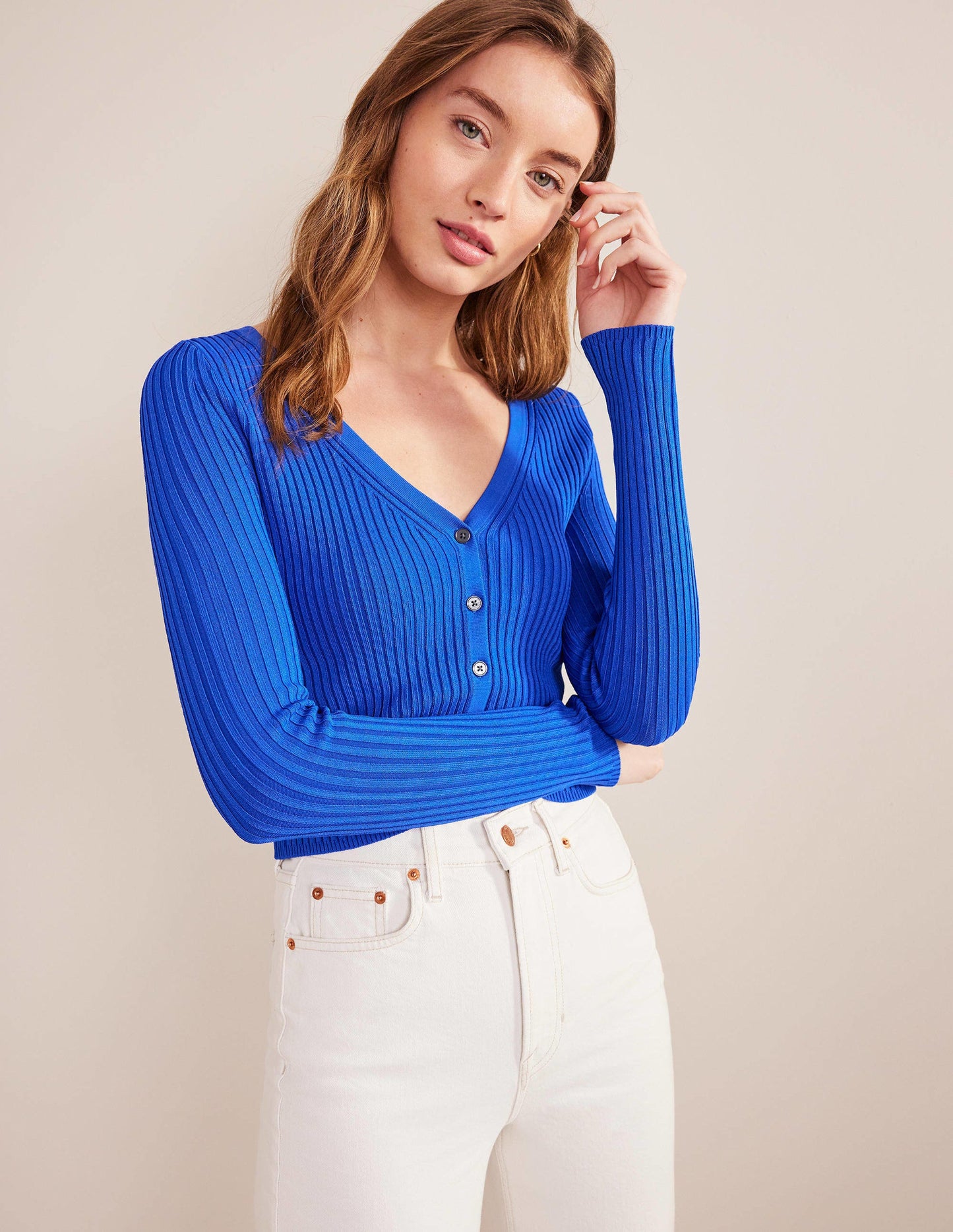 Cropped Wide Neck Rib Cardigan-Blue Heron