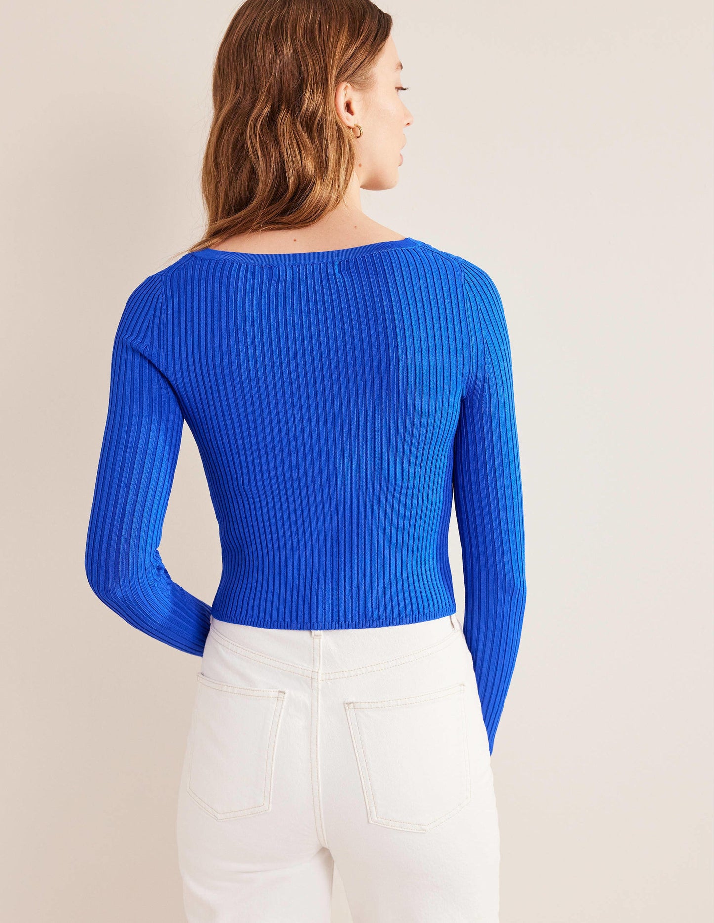 Cropped Wide Neck Rib Cardigan-Blue Heron
