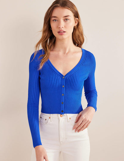 Cropped Wide Neck Rib Cardigan-Blue Heron-4