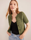 Pointelle Crew Neck Cardigan-Spruce Green