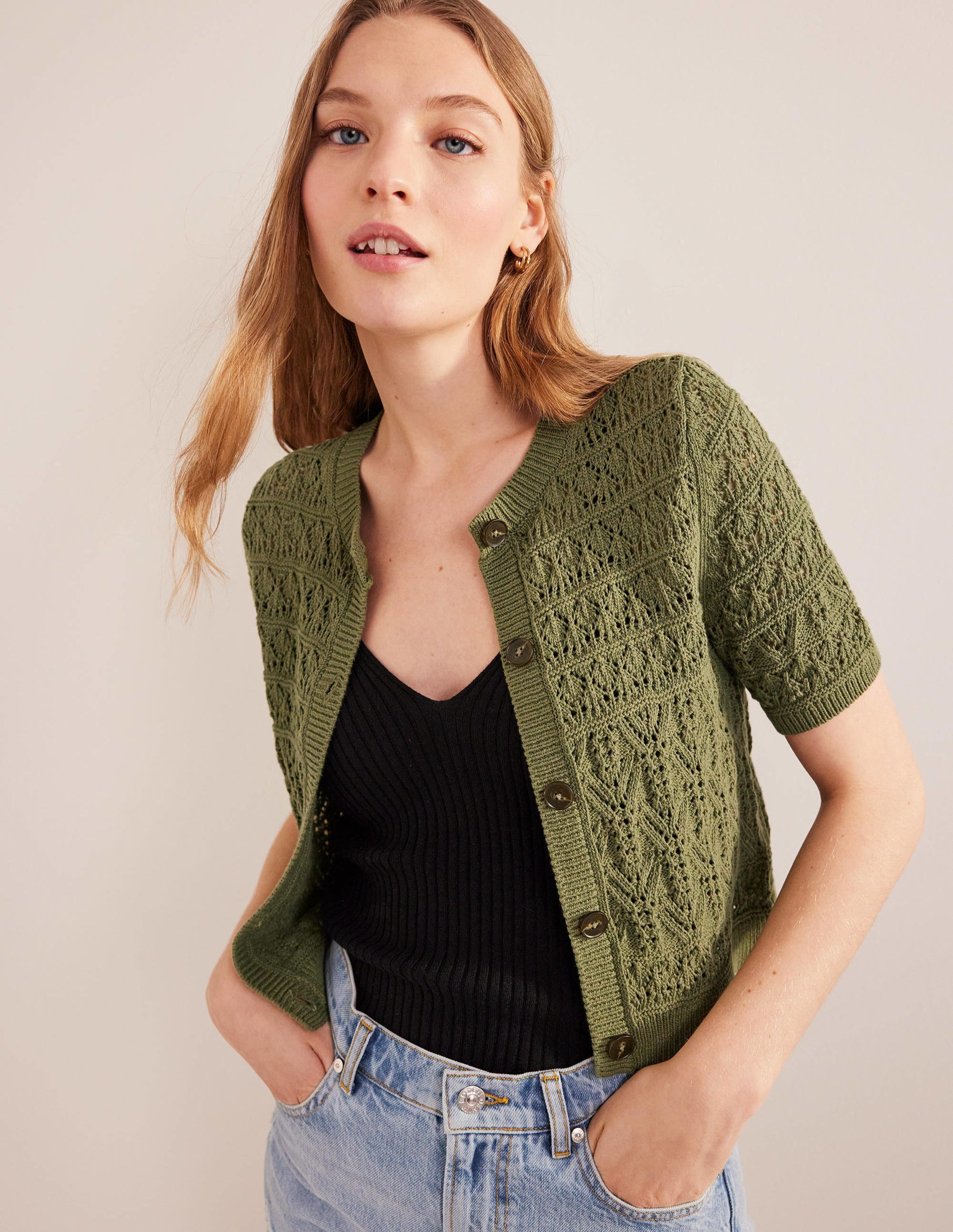 Pointelle Crew Neck Cardigan-Spruce Green - Image 1