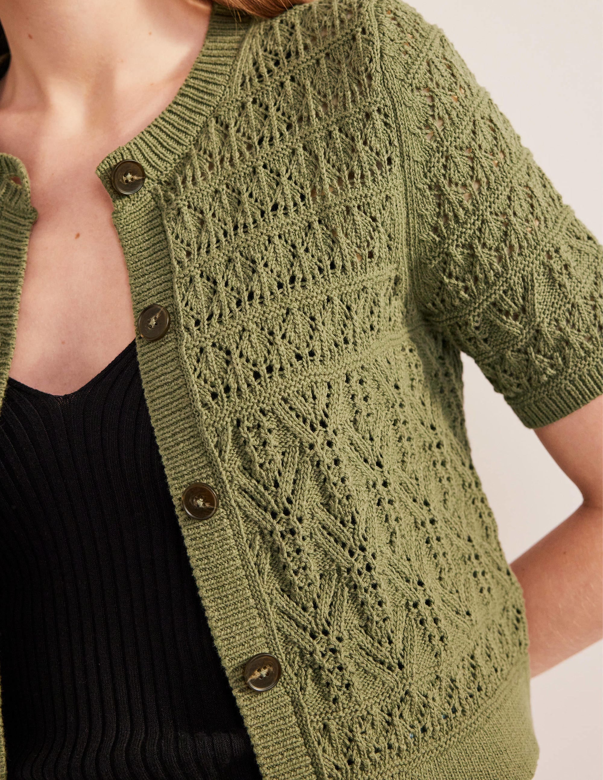 Pointelle Crew Neck Cardigan-Spruce Green - Image 2