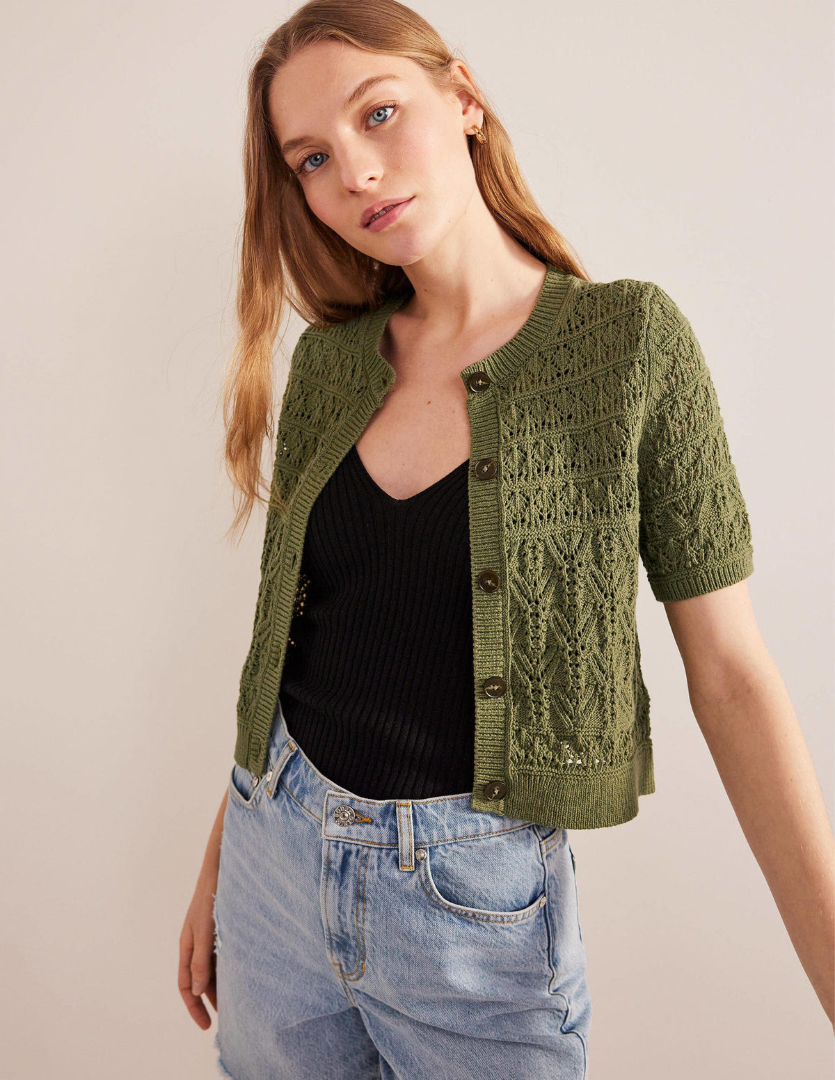 Pointelle Crew Neck Cardigan-Spruce Green - Image 4