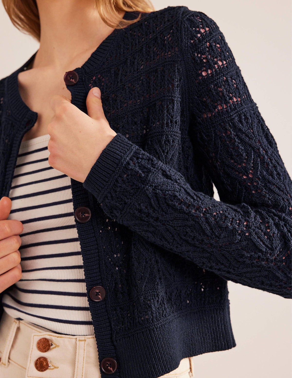 Pointelle Cotton Cardigan-Navy - Image 2