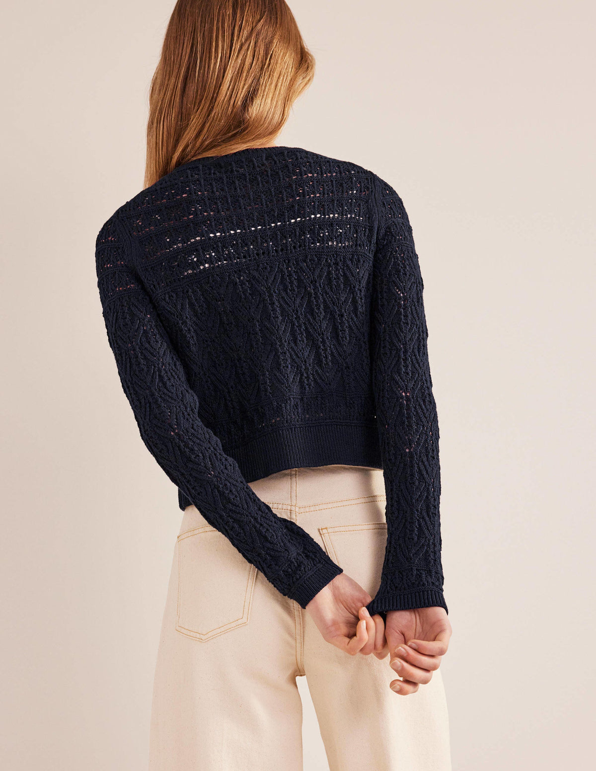 Pointelle Cotton Cardigan-Navy - Image 3