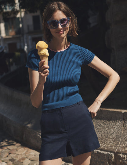 Crochet-Trim Knitted T-Shirt-Sapphire