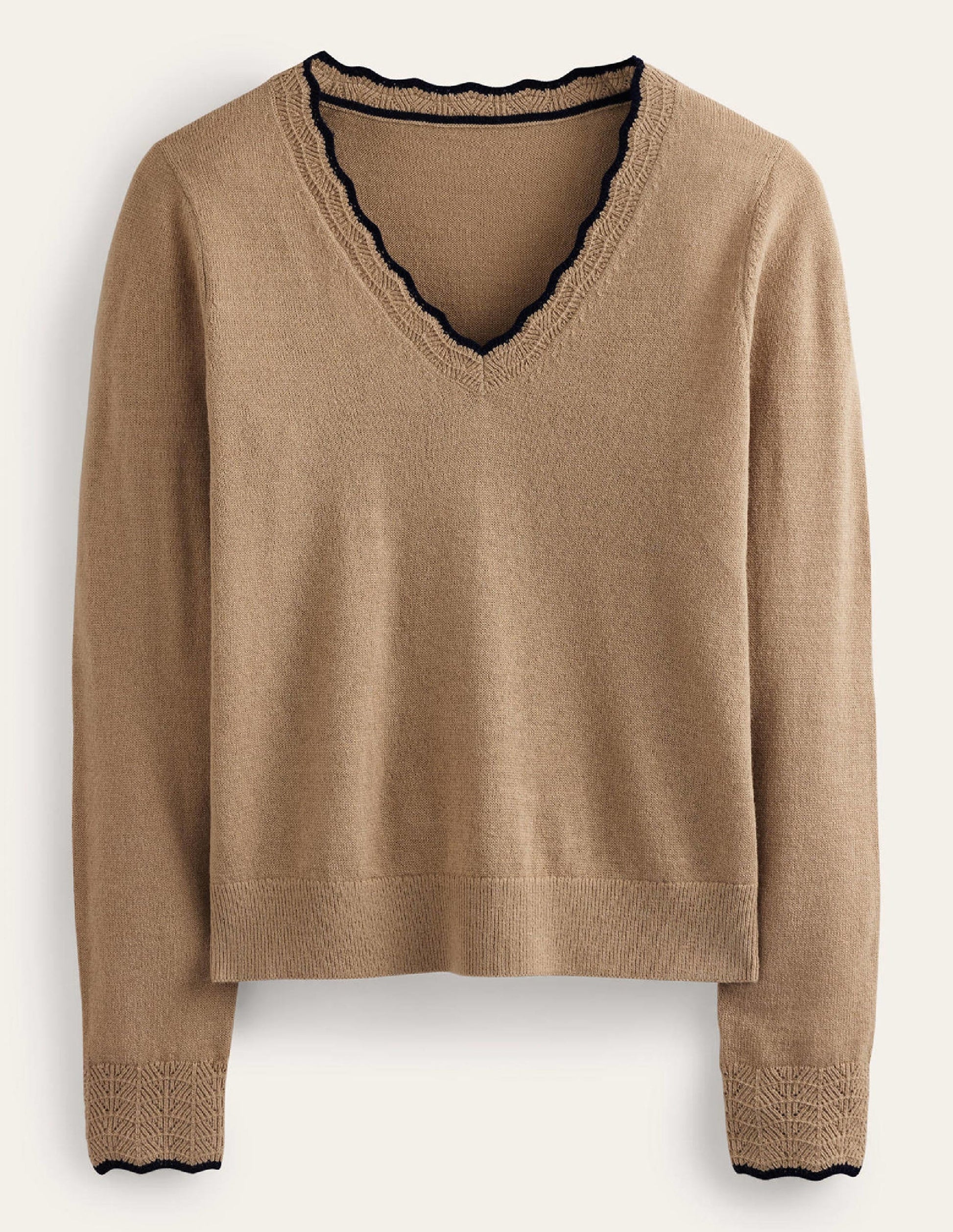 Merino Scallop V-Neck Jumper-Camel Melange-5