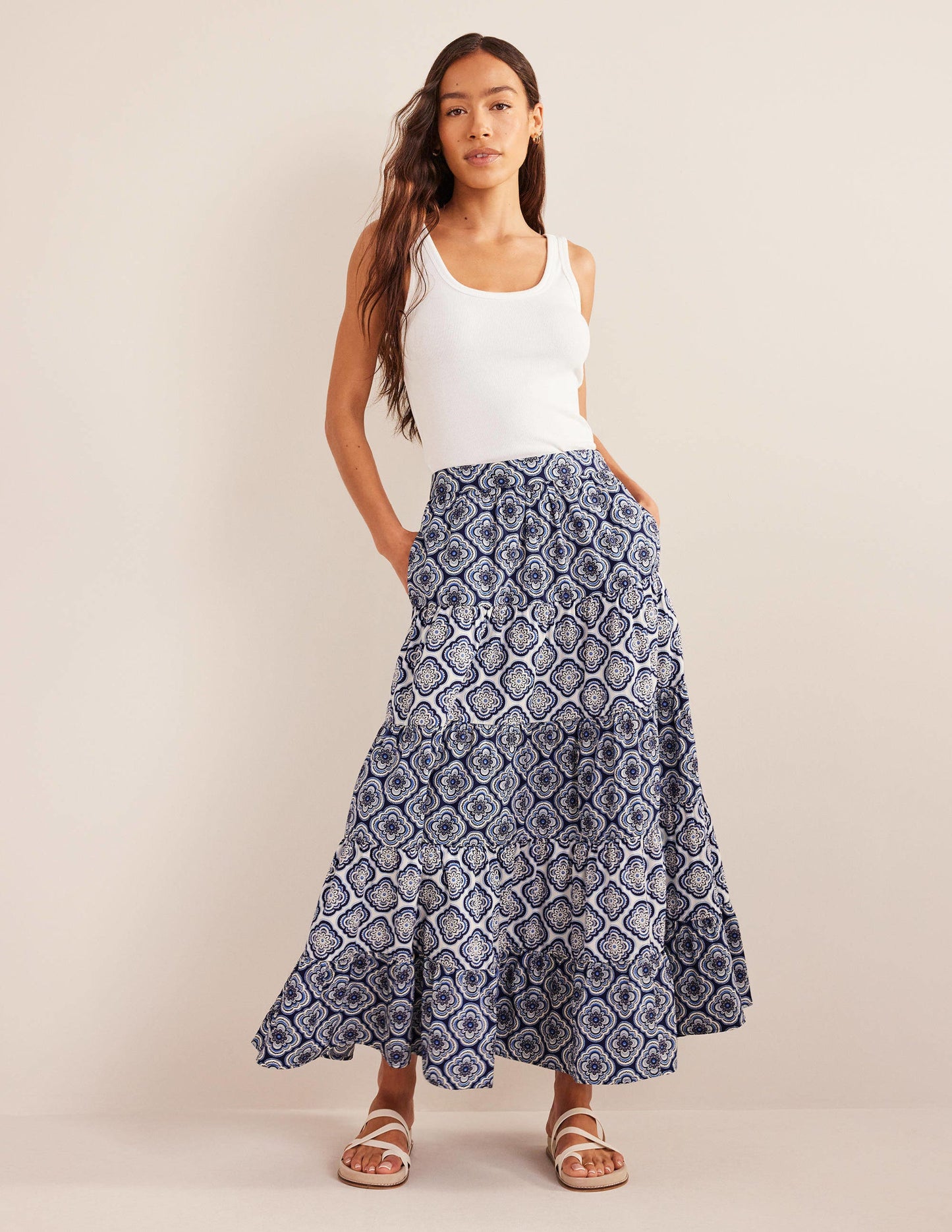 Tiered Poplin Midi Skirt-Heavenly Blue, Botanic Blush