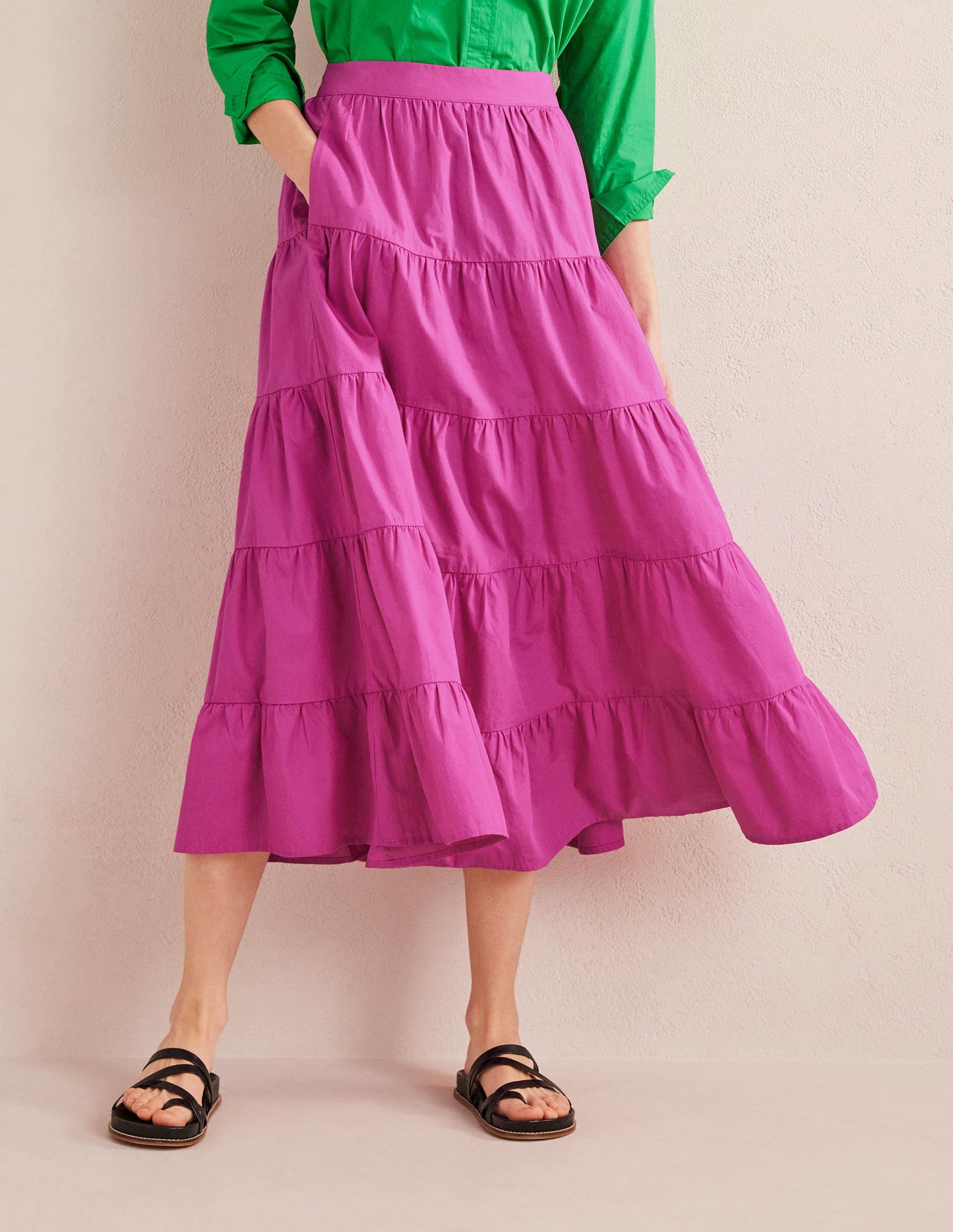Tiered Poplin Midi Skirt-Rose Violet