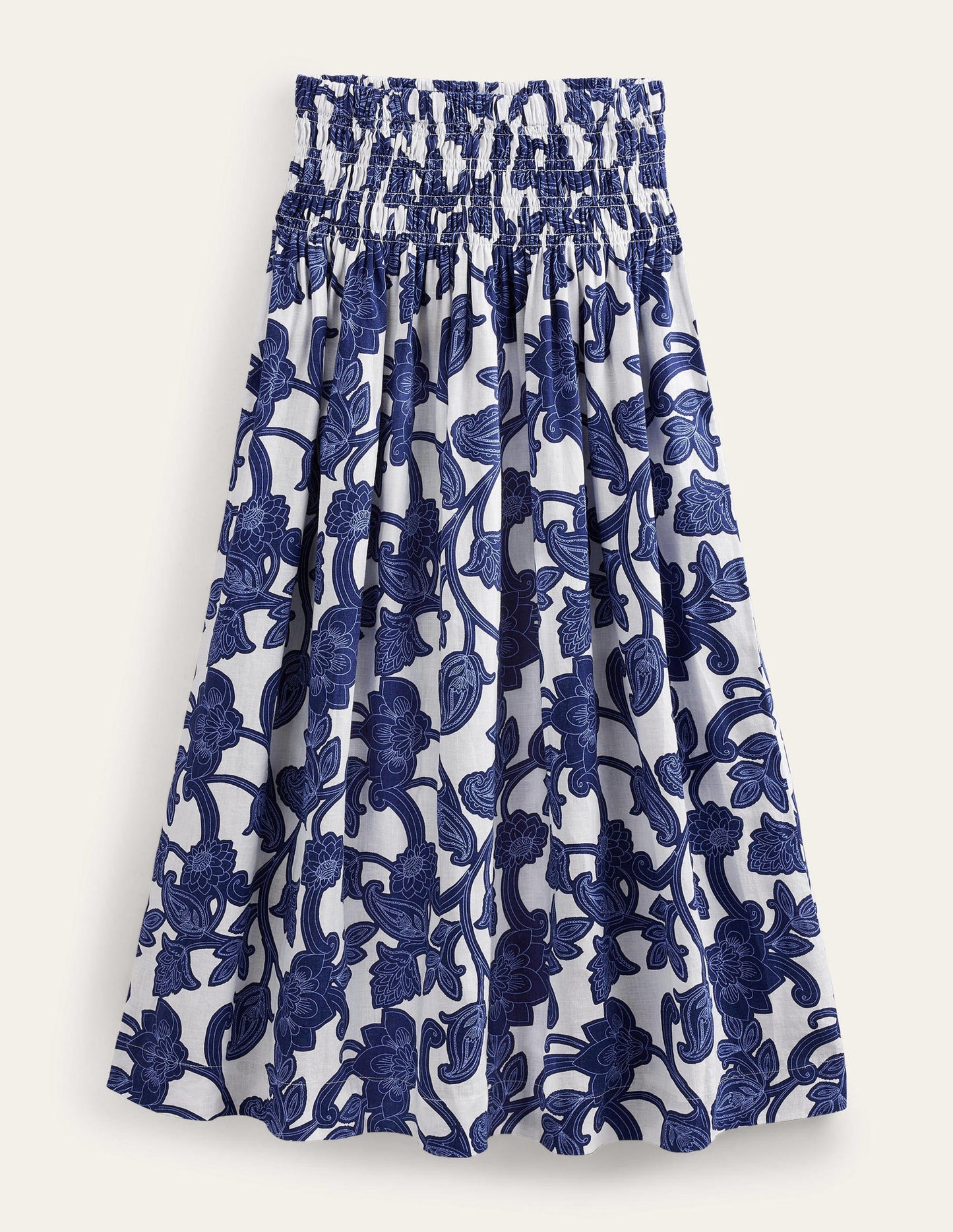 Shirred Waist Linen Midi Skirt-Blue Ribbon, Paisley Whirl