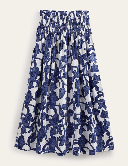 Shirred Waist Linen Midi Skirt-Blue Ribbon, Paisley Whirl