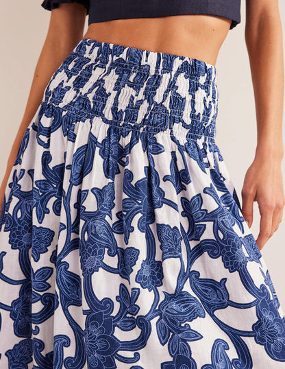 Shirred Waist Linen Midi Skirt-Blue Ribbon, Paisley Whirl