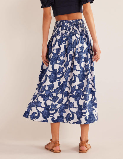 Shirred Waist Linen Midi Skirt-Blue Ribbon, Paisley Whirl
