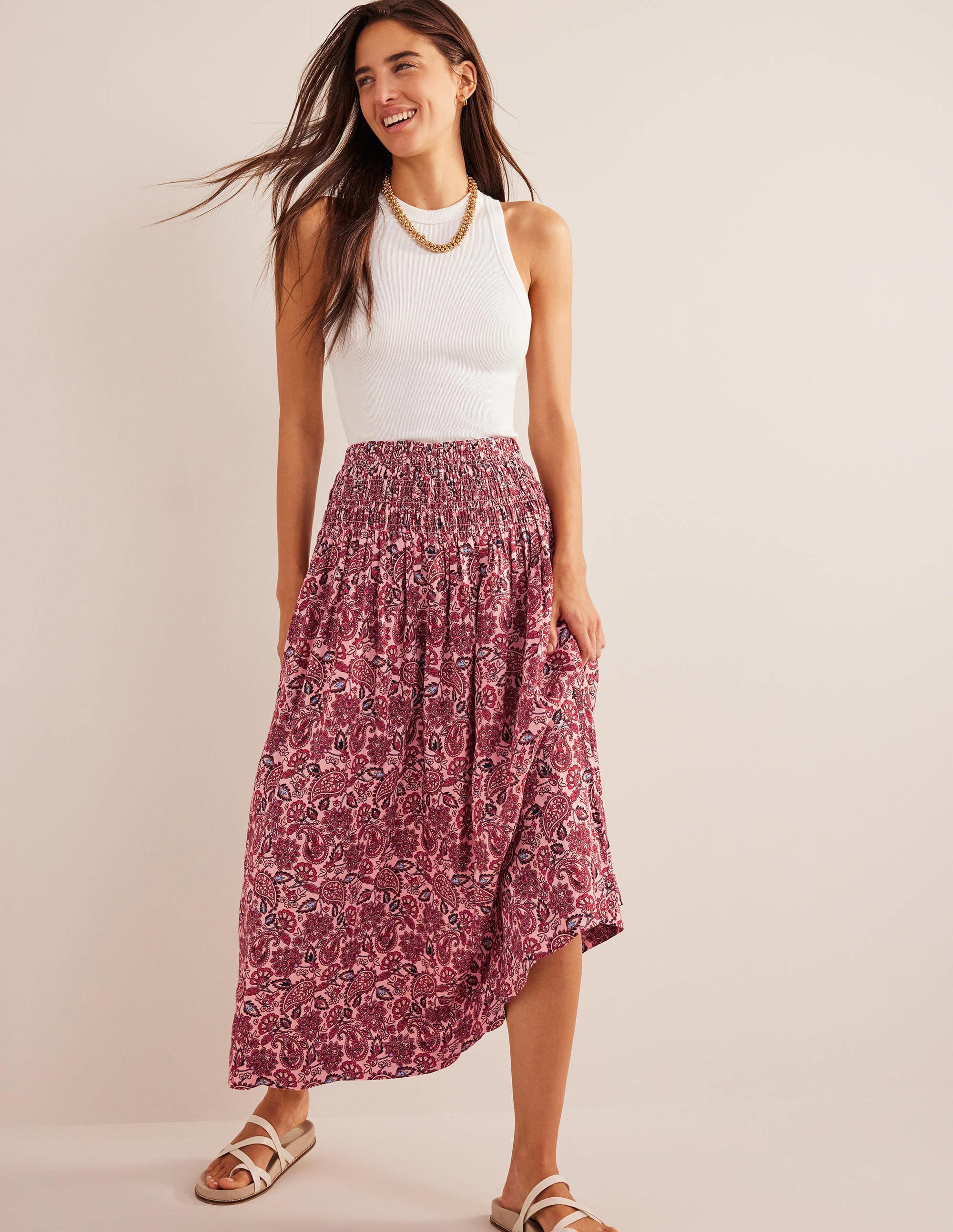 Shirred Waist Linen Midi Skirt-Chalky Pink, Paisley Terrace - Image 1