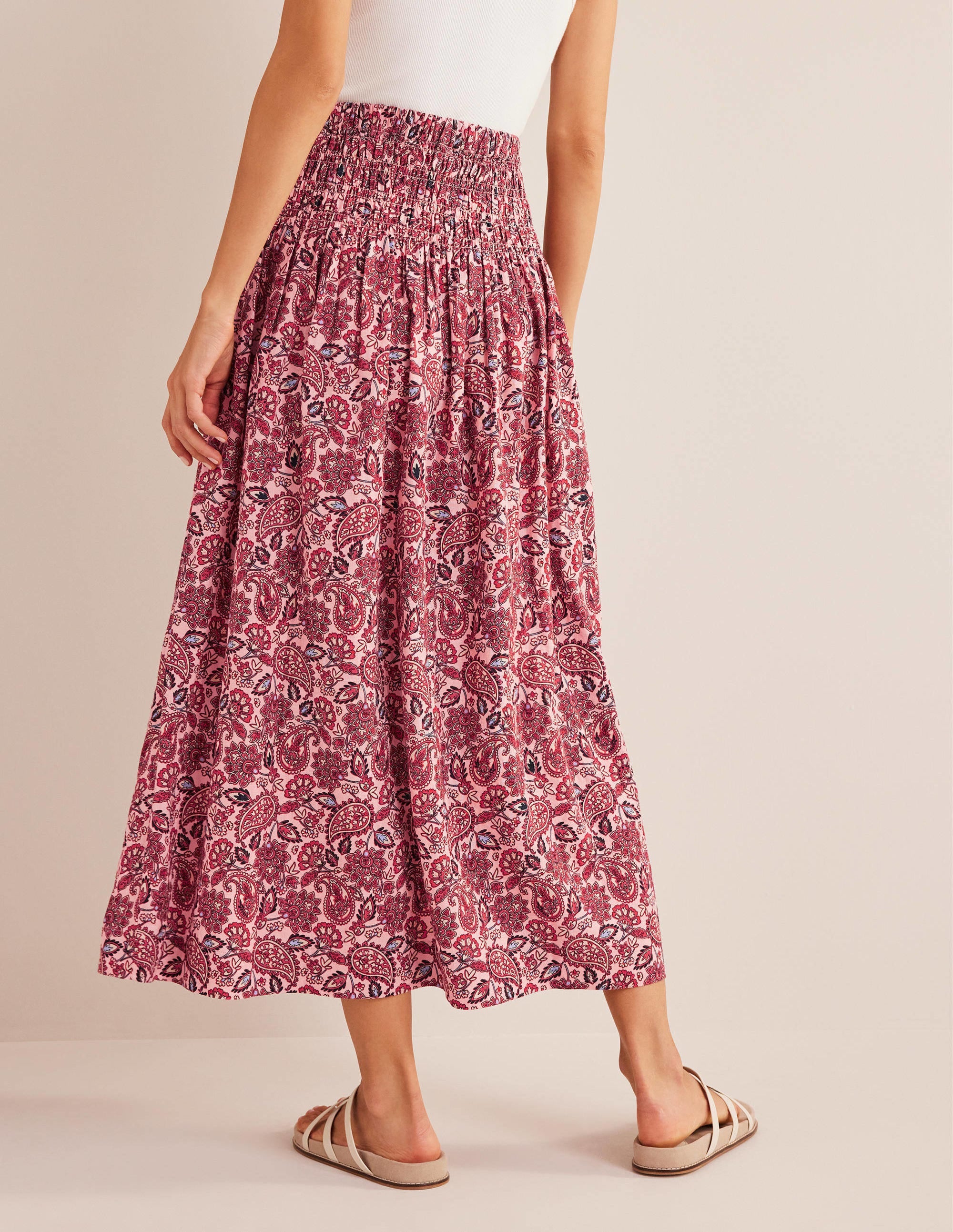 Shirred Waist Linen Midi Skirt-Chalky Pink, Paisley Terrace - Image 3
