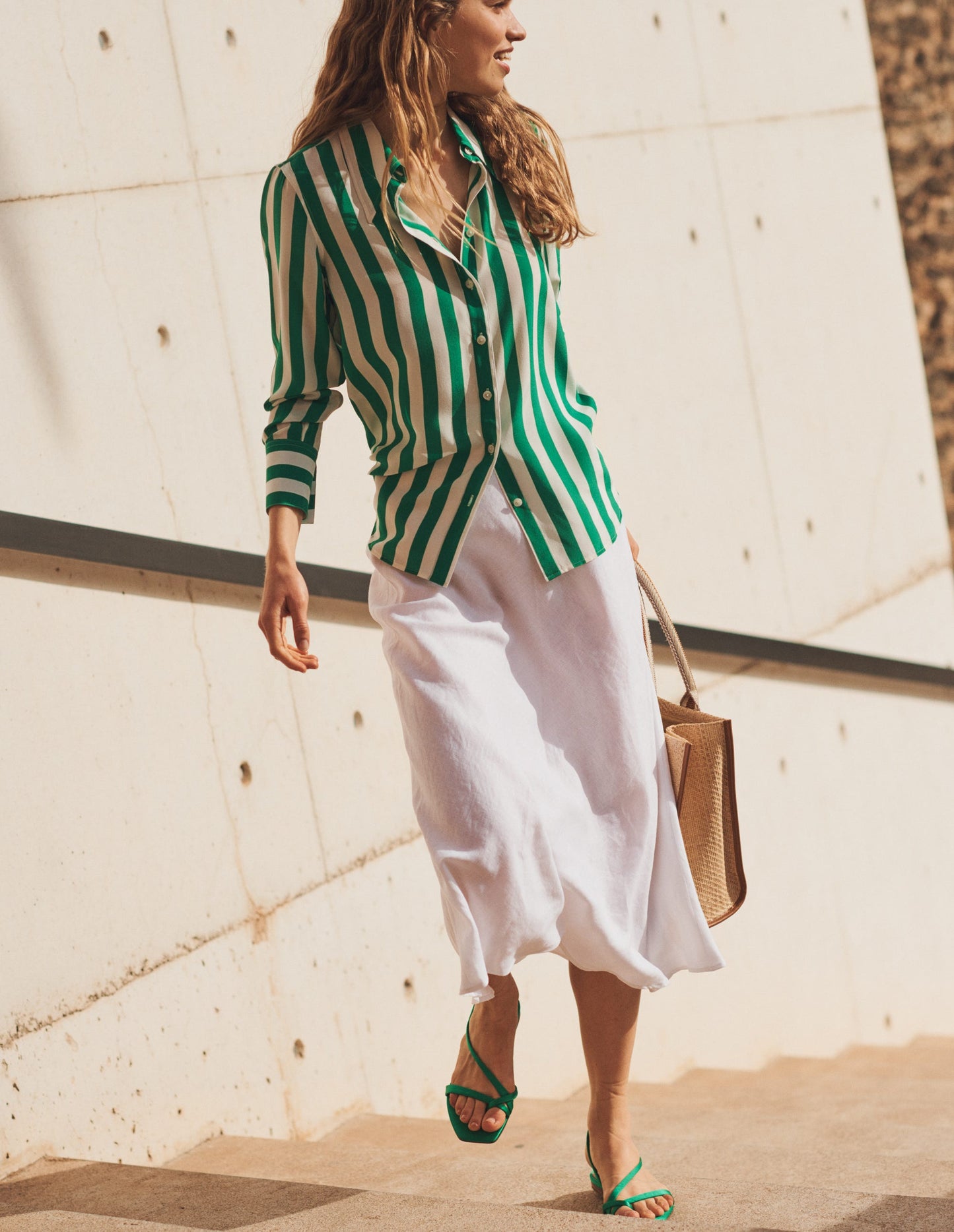 Bias Linen Midi Skirt-White