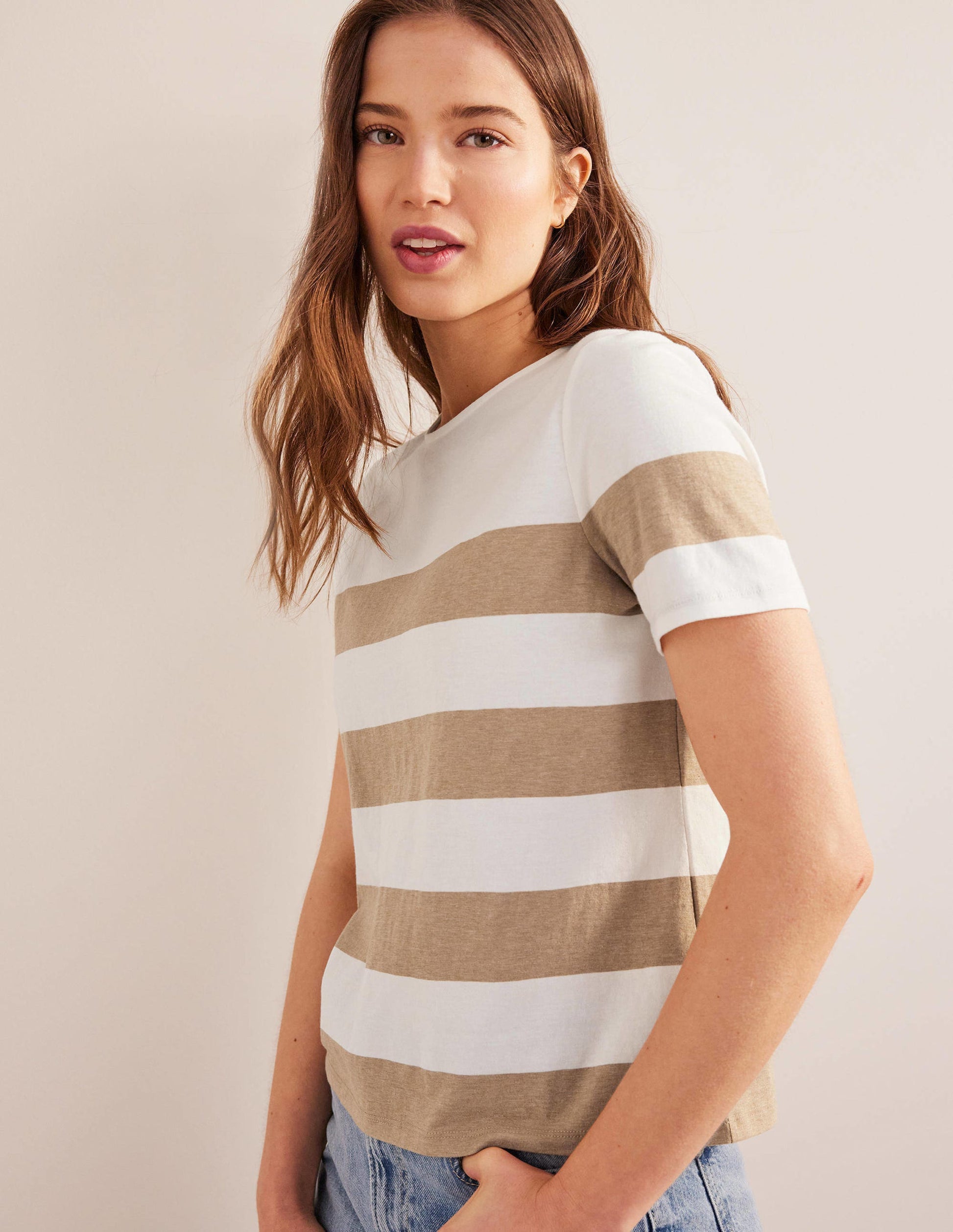 Bea Short Sleeve Breton-Ivory, Camel Wide Stripe-4