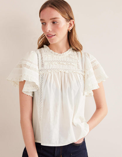 Flutter Sleeve Trim Detail Top-Ivory-1