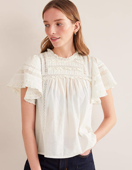 Flutter Sleeve Trim Detail Top-Ivory
