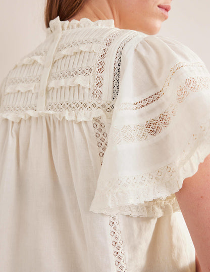 Flutter Sleeve Trim Detail Top-Ivory-2