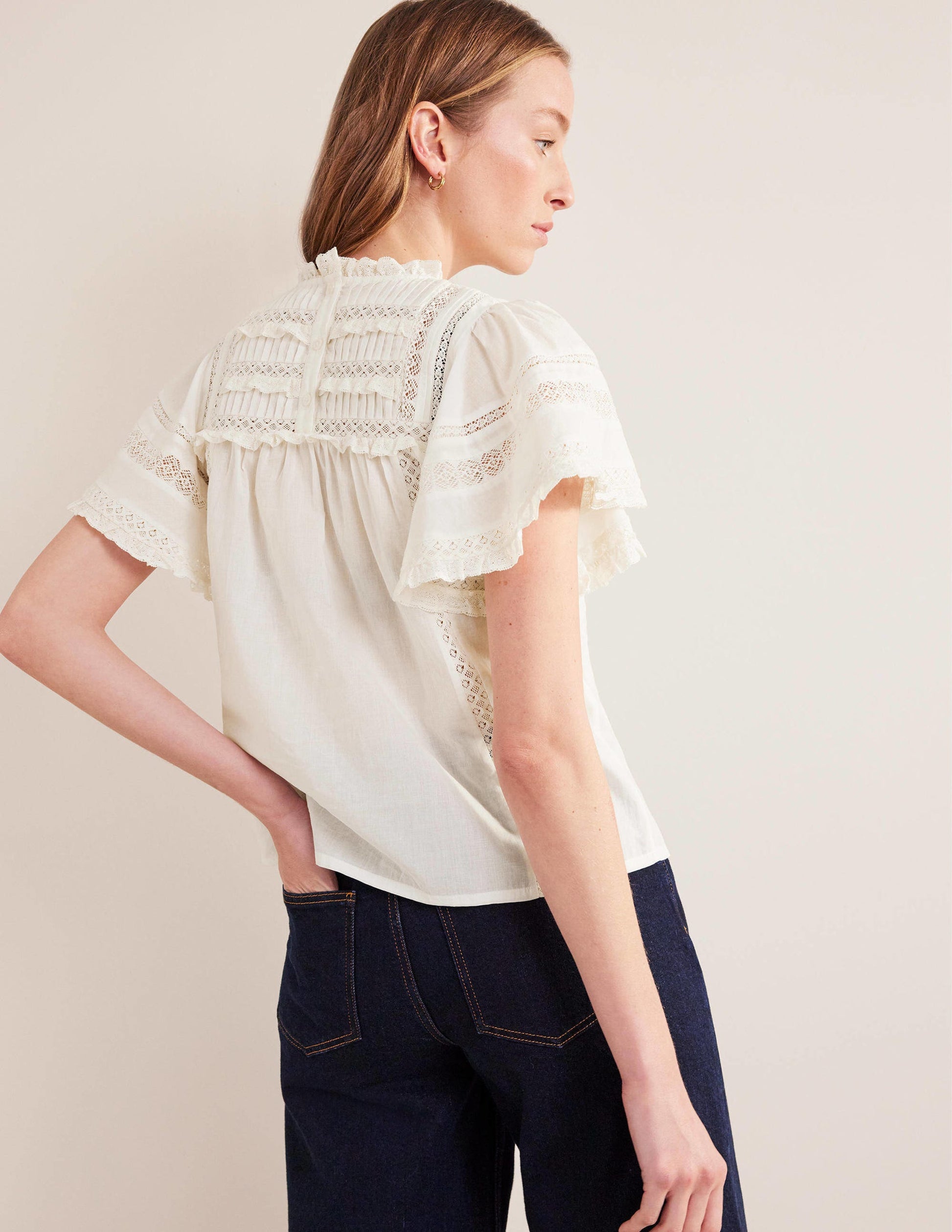 Flutter Sleeve Trim Detail Top-Ivory-3