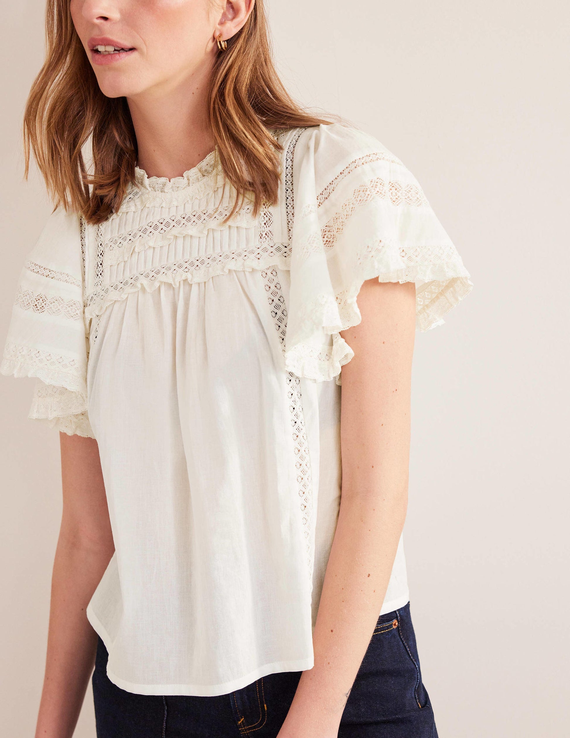 Flutter Sleeve Trim Detail Top-Ivory-4