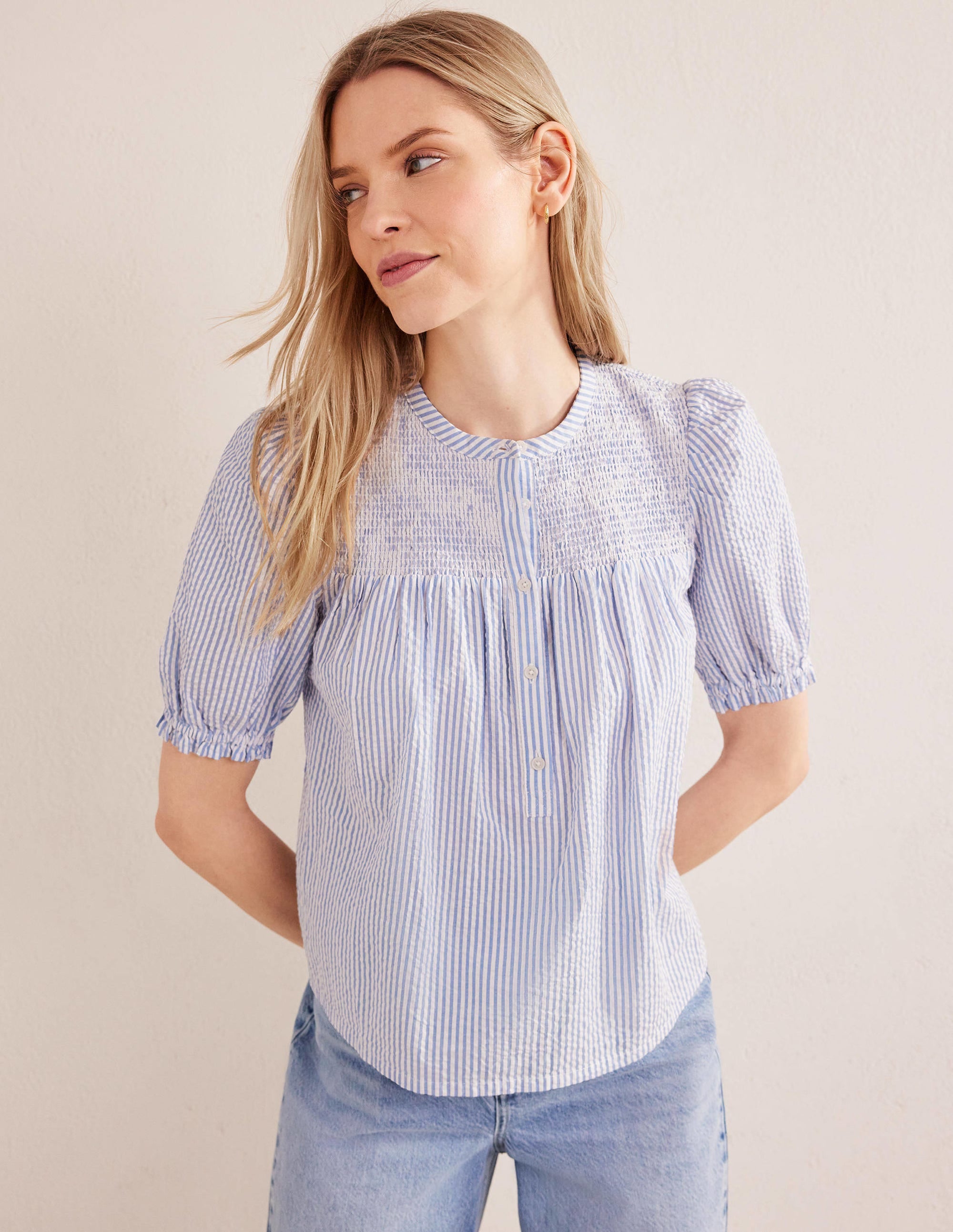 Puff Sleeve Seersucker Popover-Provence & Ivory Seersucker - Image 1