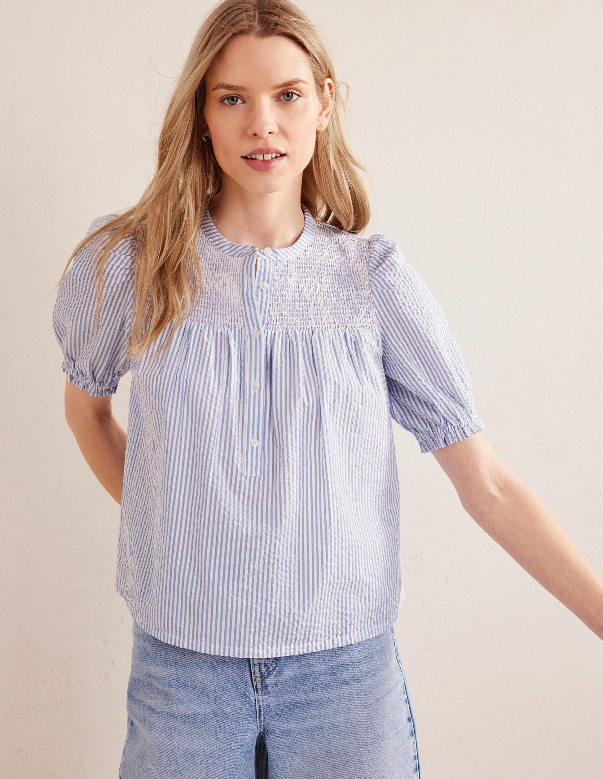 Puff Sleeve Seersucker Popover-Provence & Ivory Seersucker-4